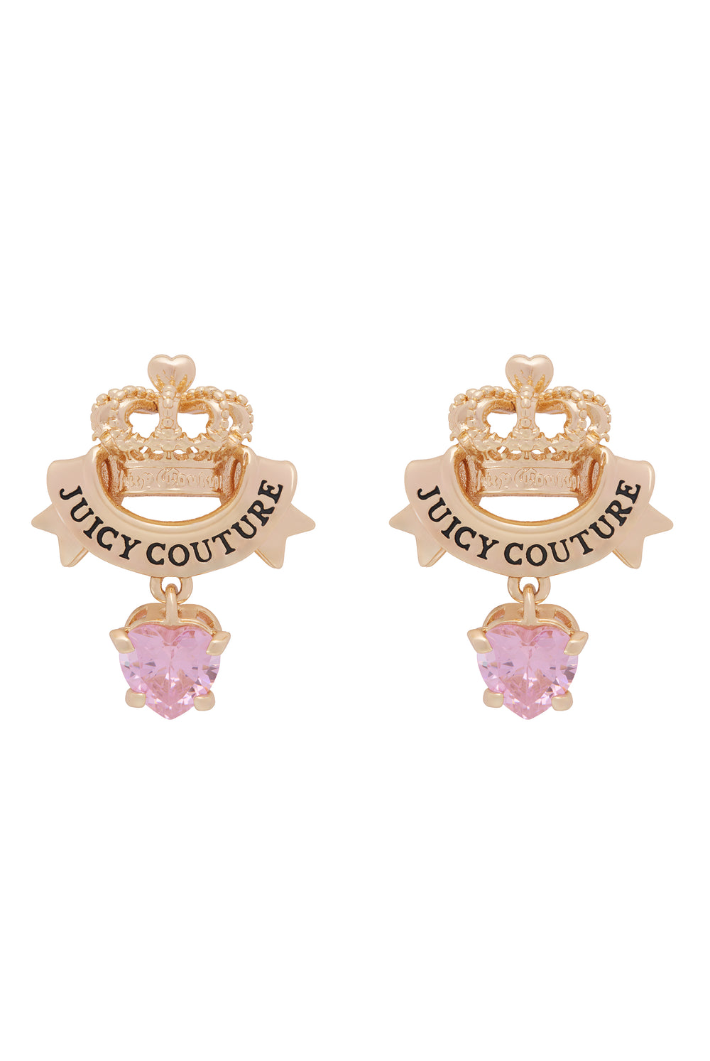 GOLD TONE CROWN & CRYSTAL HEART DROP EARRINGS