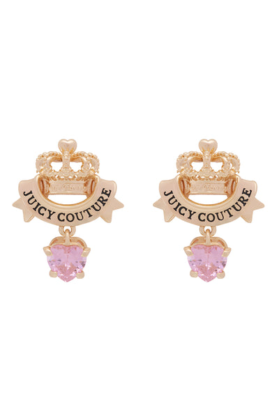 GOLD TONE CROWN & CRYSTAL HEART DROP EARRINGS