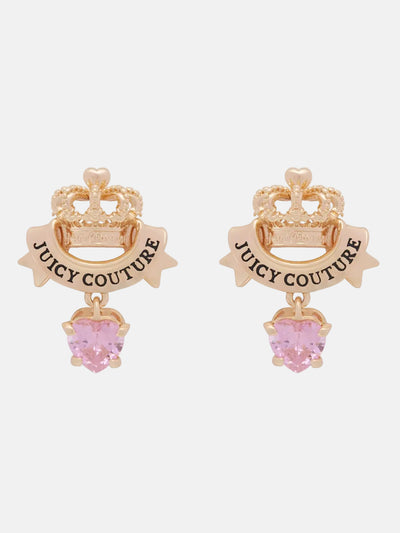 GOLD TONE CROWN & CRYSTAL HEART DROP EARRINGS