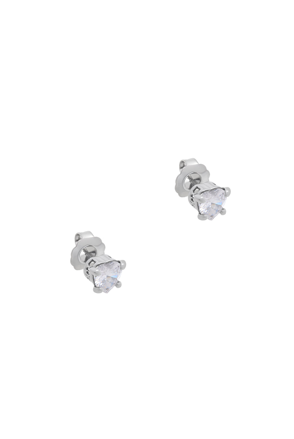 Displays the Silver Tone 'Juicy' branded solitaire crystal heart stud earrings