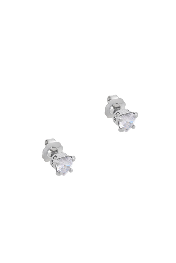 Displays the Silver Tone 'Juicy' branded solitaire crystal heart stud earrings