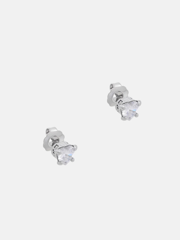 Displays the 'Juicy' Silver Tone Solitaire Crystal Heart Stud Earrings