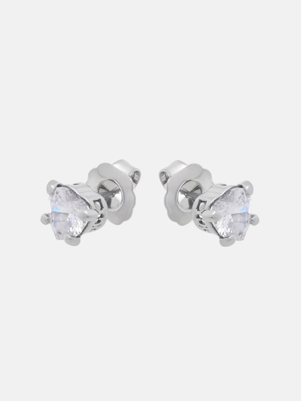 Displays the 'Juicy' Silver Tone Solitaire Crystal Heart Stud Earrings