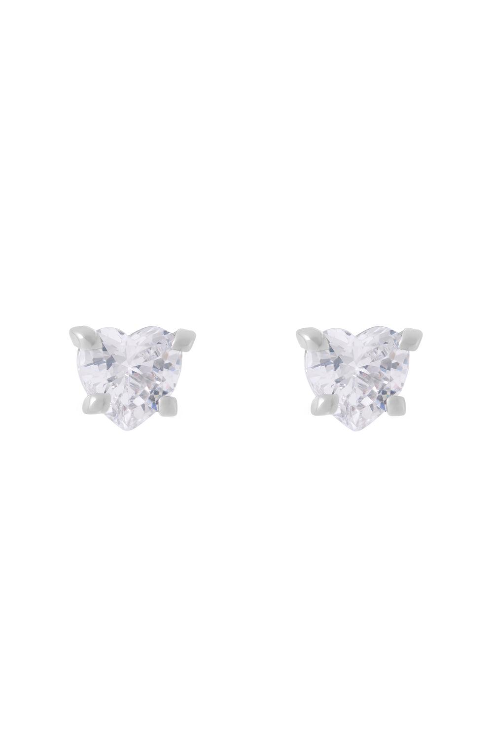 Displays the Silver Tone 'Juicy' branded solitaire crystal heart stud earrings