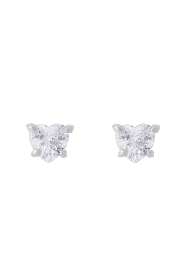 Displays the Silver Tone 'Juicy' branded solitaire crystal heart stud earrings