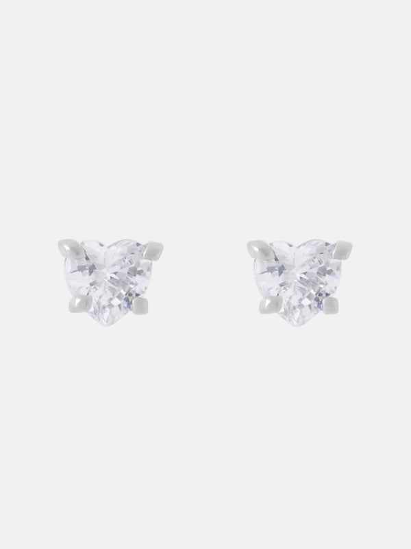 Displays the 'Juicy' Silver Tone Solitaire Crystal Heart Stud Earrings