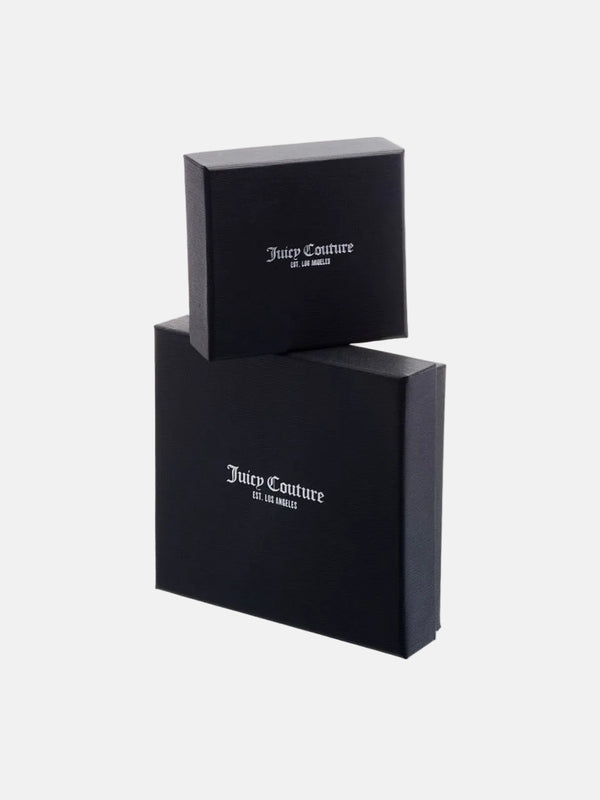 Displays the packaging 'Juicy' Gold Tone Solitaire Crystal Heart Stud Earrings