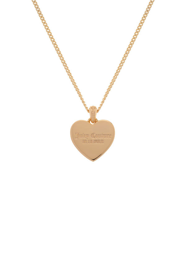 Displays the Gold tone 'Juicy' branded reversible heart pendant 