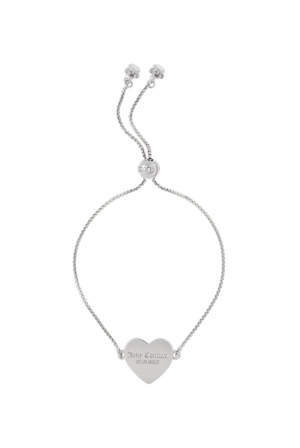Displays the silver tone 'Juicy' branded reversible heart adjustable bracelet 