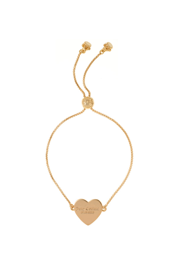 Displays the gold tone 'Juicy' branded juicy Couture reversible heart adjustable bracelet 