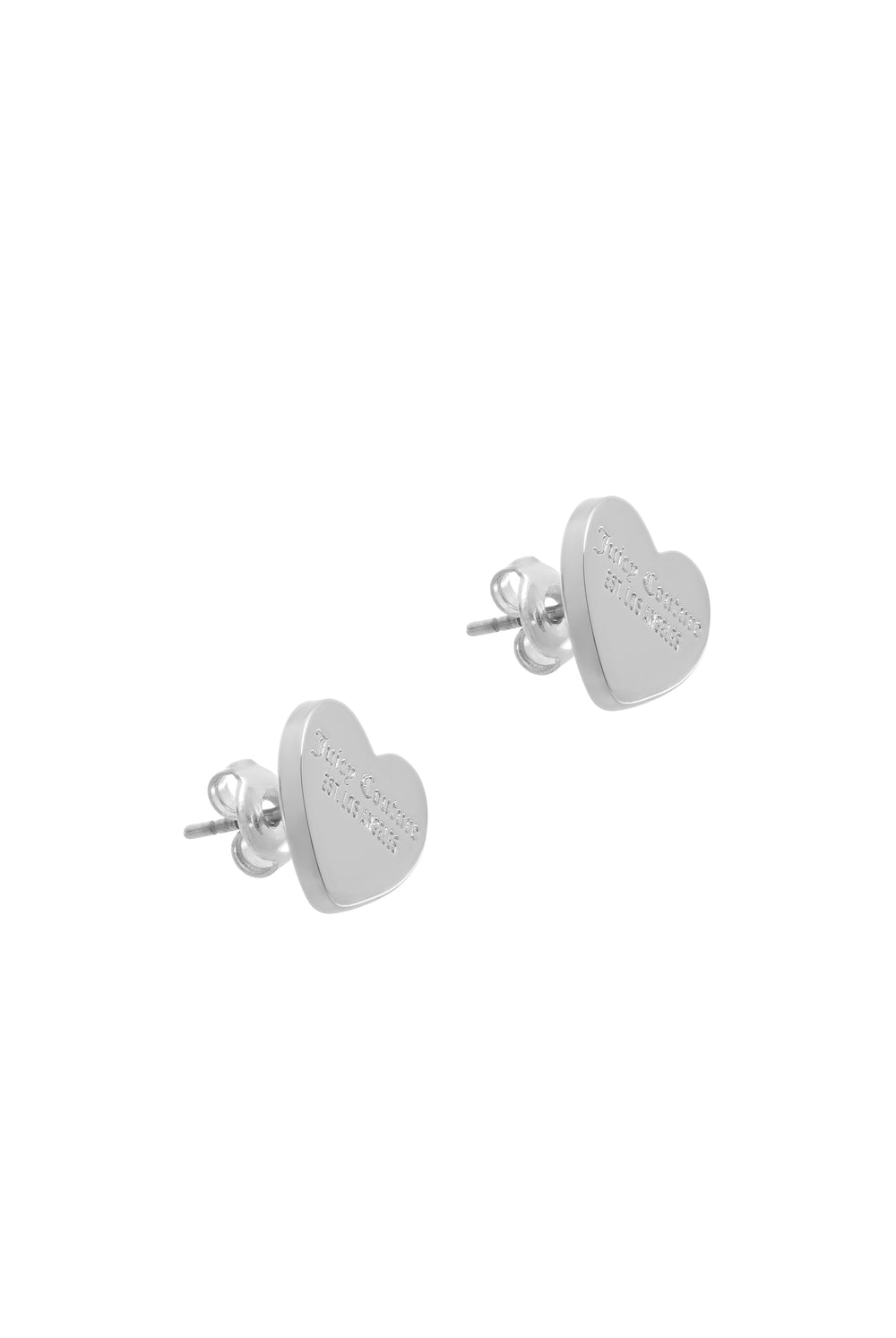 Displays the Silver Tone 'Juicy' branded heart stud earrings 