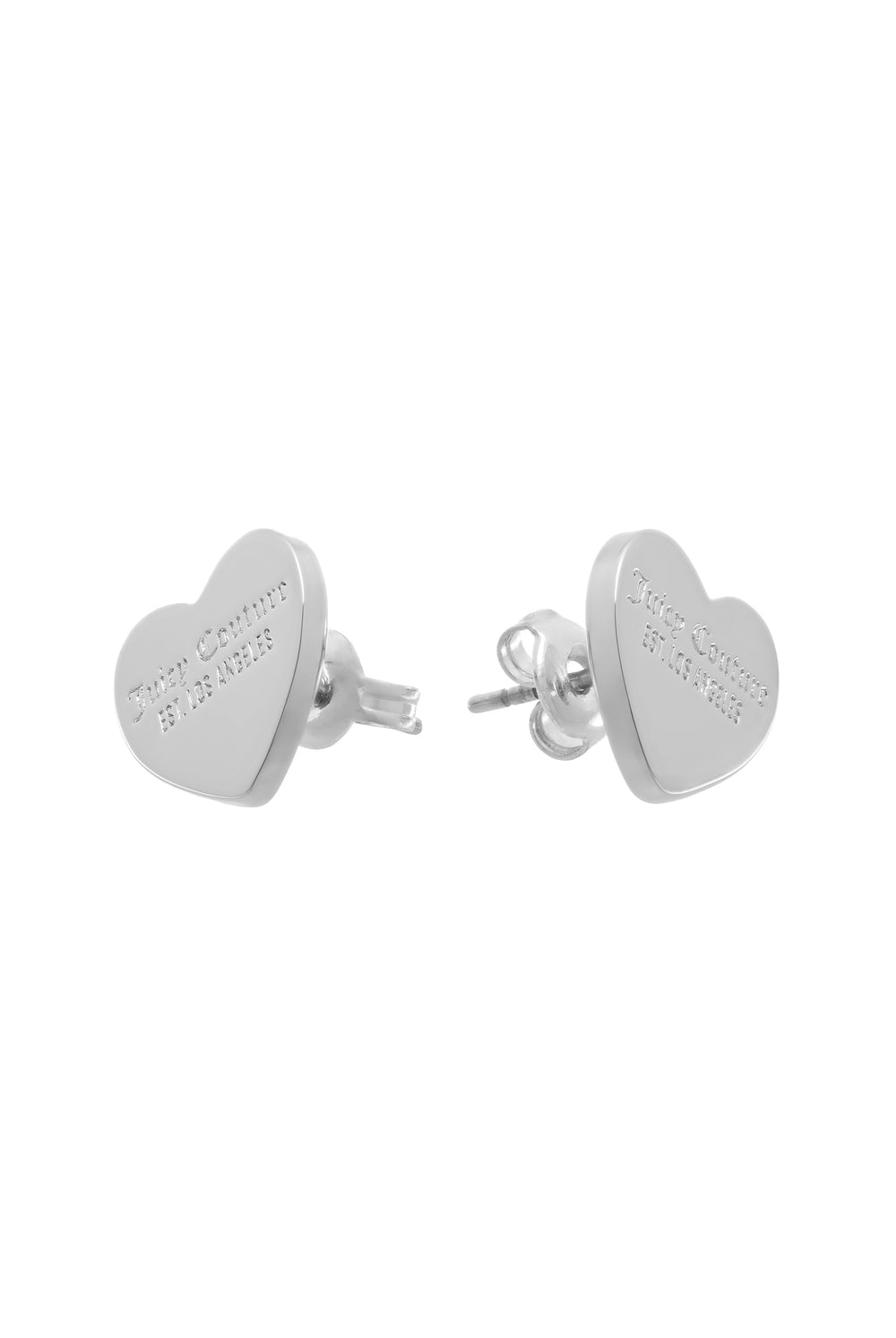 Displays the Silver Tone 'Juicy' branded heart stud earrings 