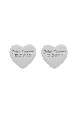 Displays the Silver Tone 'Juicy' branded heart stud earrings 
