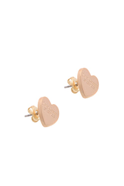 Displays the Gold tone 'juicy' branded juicy Couture heart stud earrings