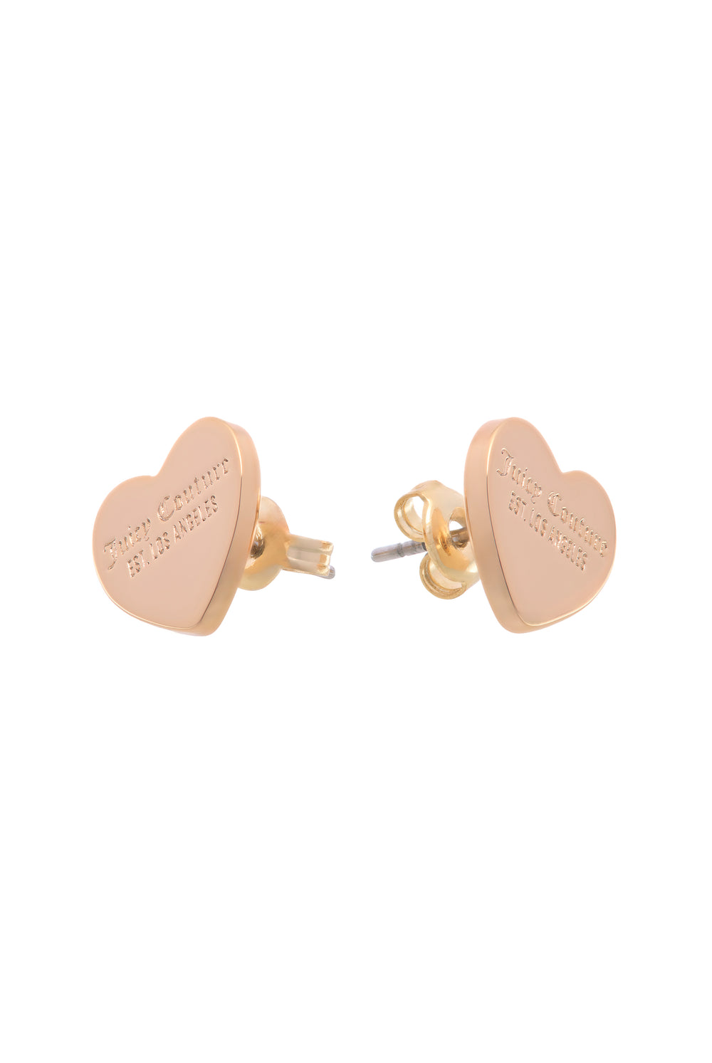 Displays the Gold tone 'juicy' branded juicy Couture heart stud earrings