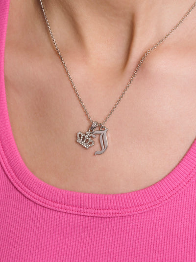SILVER TONE CRYSTAL MOTIF CROWN & J CHARM PENDANT