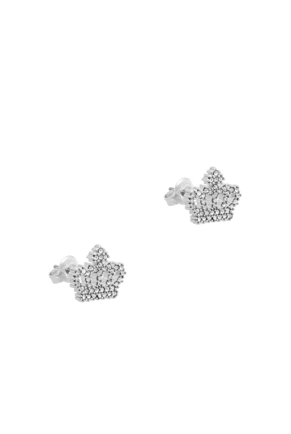 Displays the silver tone 'juicy' branded crystal motif crown stud earrings 