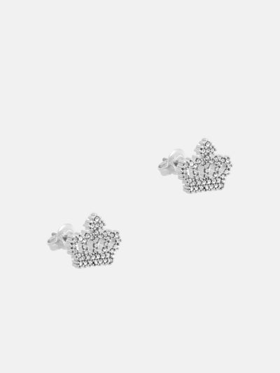 SILVER TONE CRYSTAL MOTIF CROWN STUD EARRINGS
