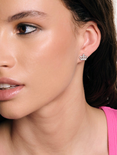 SILVER TONE CRYSTAL MOTIF CROWN STUD EARRINGS