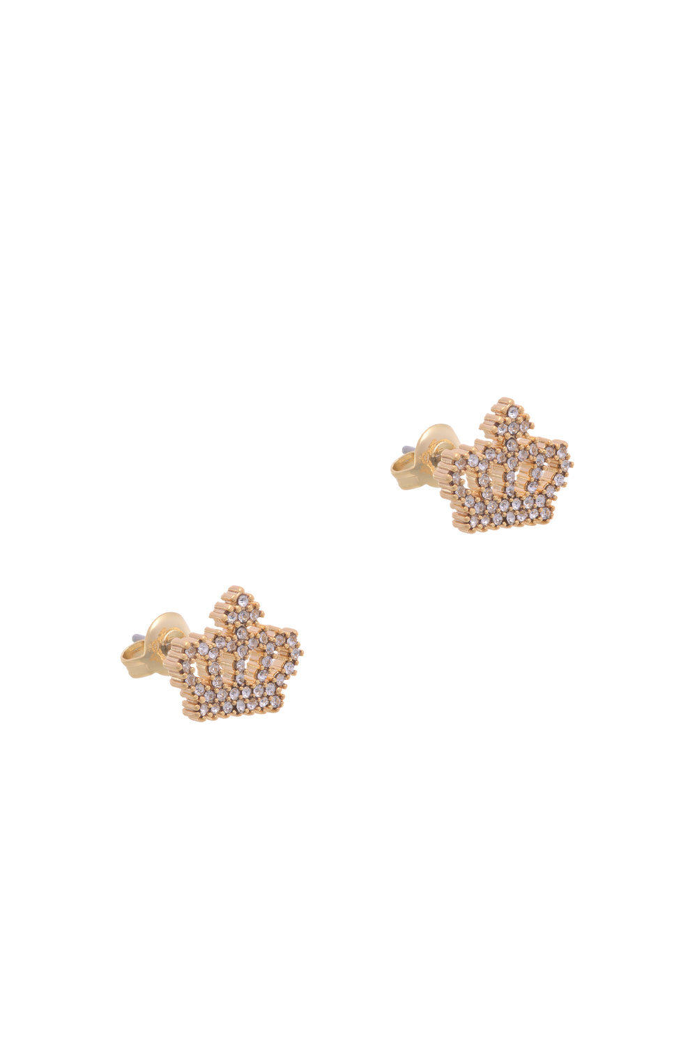 Displays the Gold Tone 'Juicy' branded crystal motif crown stud earrings 