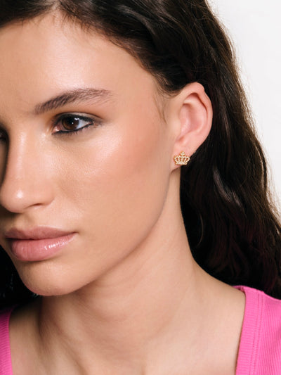 GOLD TONE CRYSTAL MOTIF CROWN STUD EARRINGS