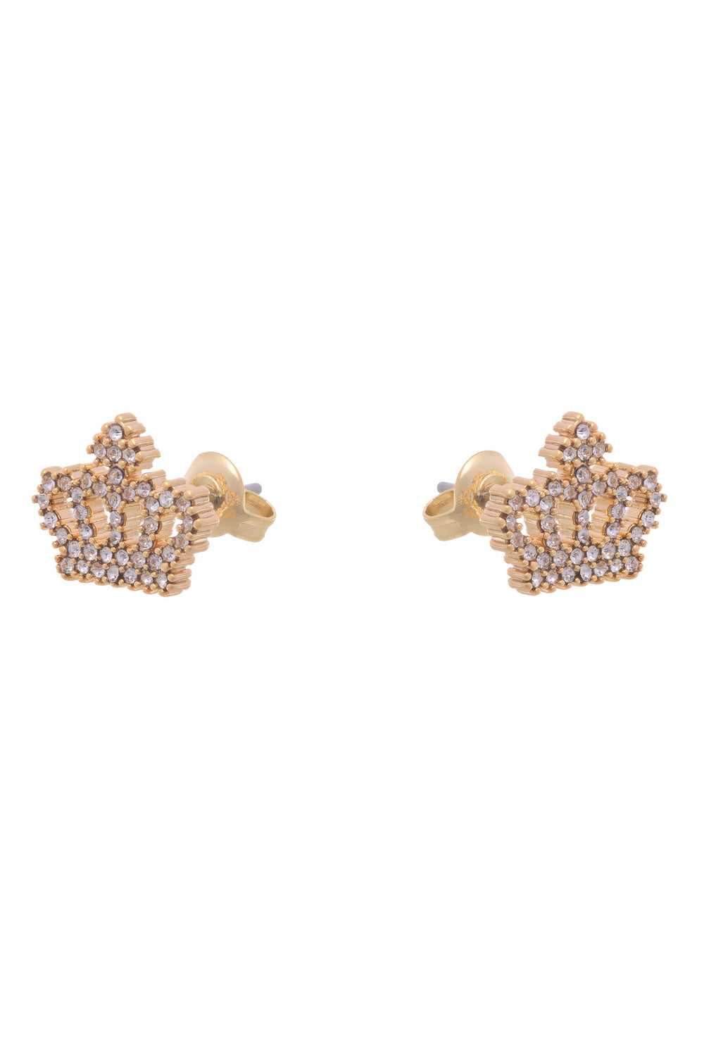 Displays the Gold Tone 'Juicy' branded crystal motif crown stud earrings 
