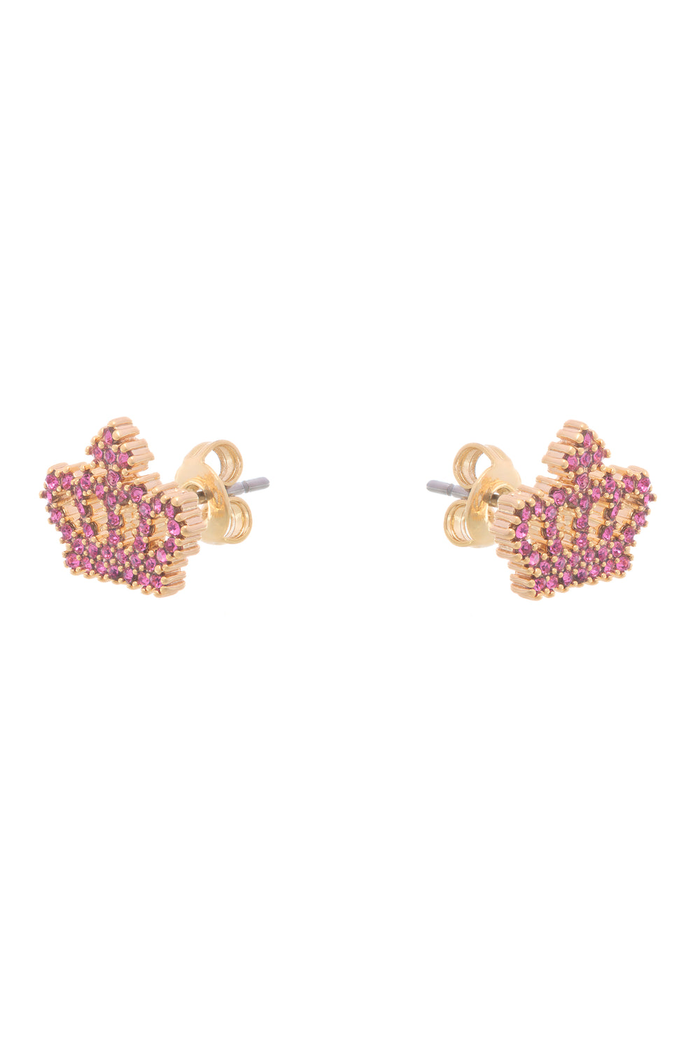 Displays the Gold Tone 'Juicy' branded crystal motif crown stud earrings 