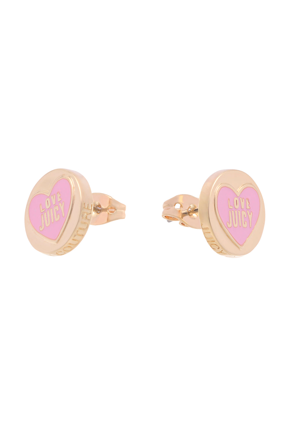 Displays a pair of the Gold Tone 'Juicy' branded love juicy enamel stud earrings 
