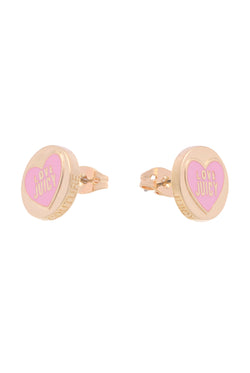 Displays a pair of the Gold Tone 'Juicy' branded love juicy enamel stud earrings 