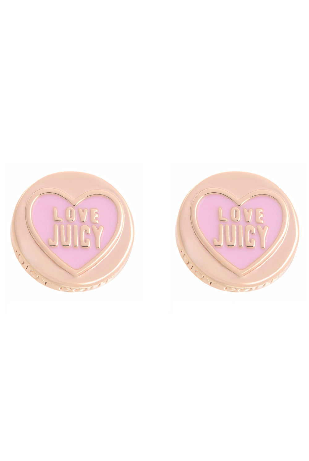 Displays the Gold Tone 'Juicy' branded love juicy enamel stud earrings 