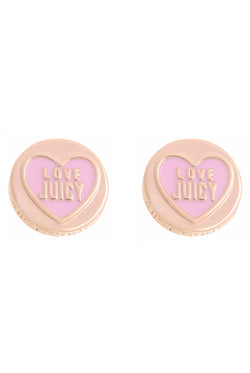 Displays the Gold Tone 'Juicy' branded love juicy enamel stud earrings 