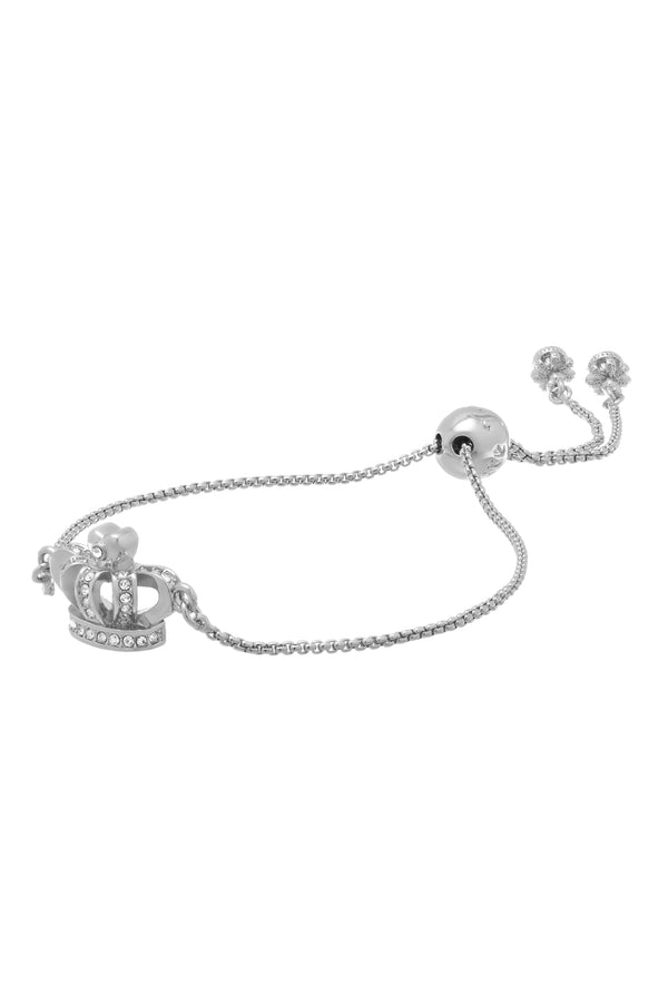 Displays the Silver tone 'juicy' branded crystal icon crown adjustable bracelet 