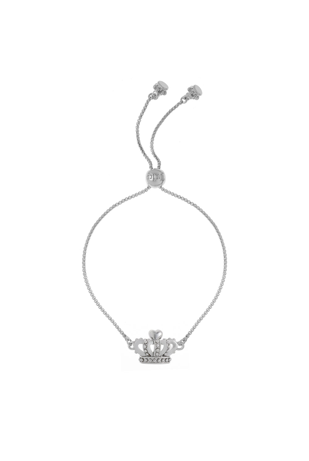 Displays the Silver tone 'Juicy' branded icon crown adjustable bracelet 