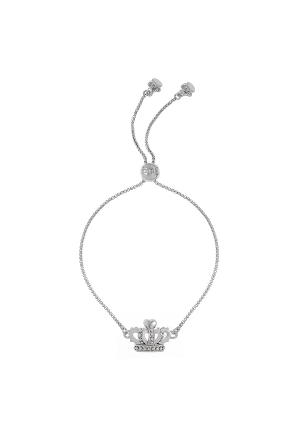 Displays the Silver tone 'Juicy' branded icon crown adjustable bracelet 