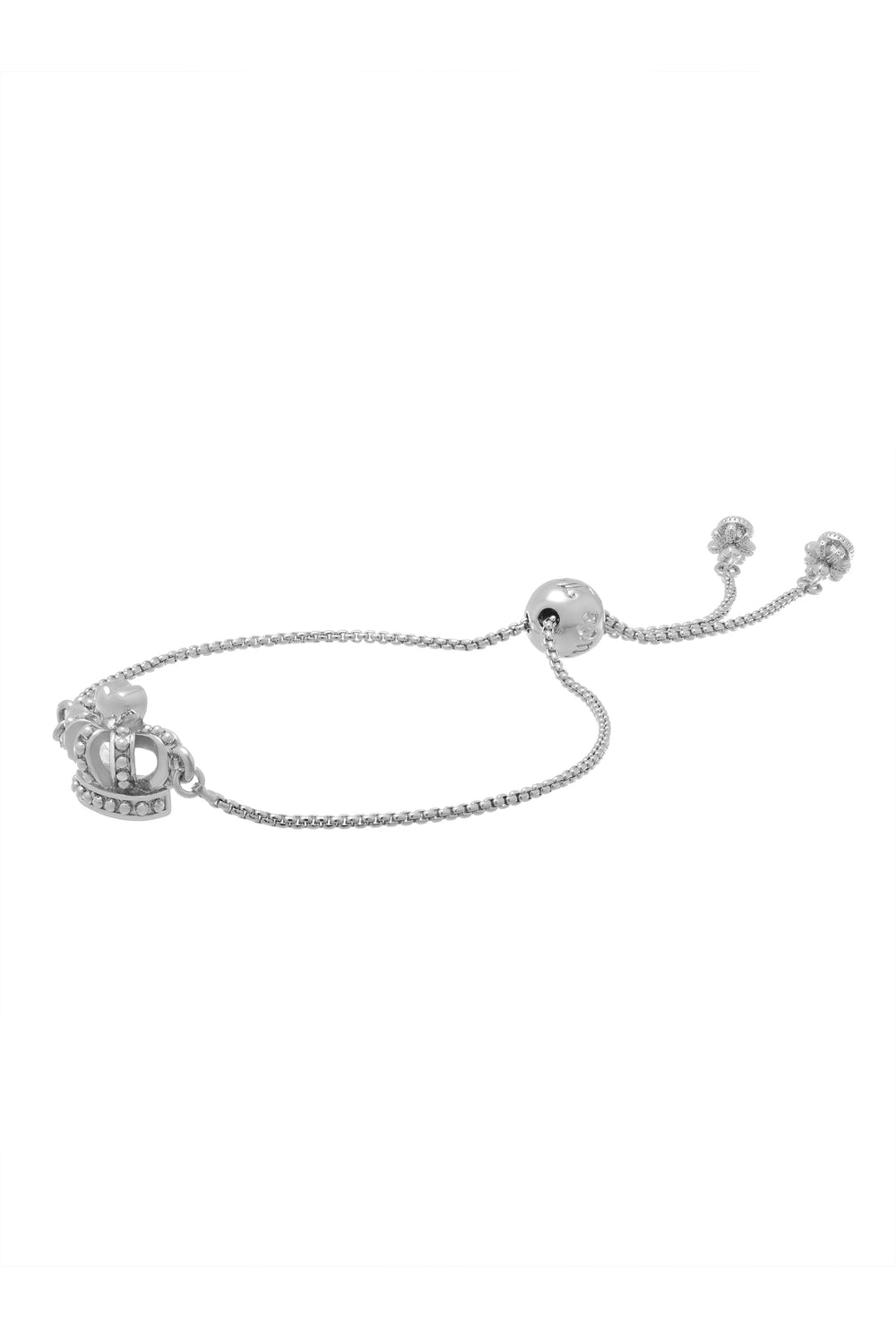 Displays the Silver tone 'Juicy' branded icon crown adjustable bracelet 