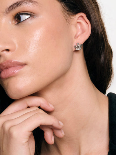 SILVER TONE CRYSTAL ICON CROWN STUD EARRING