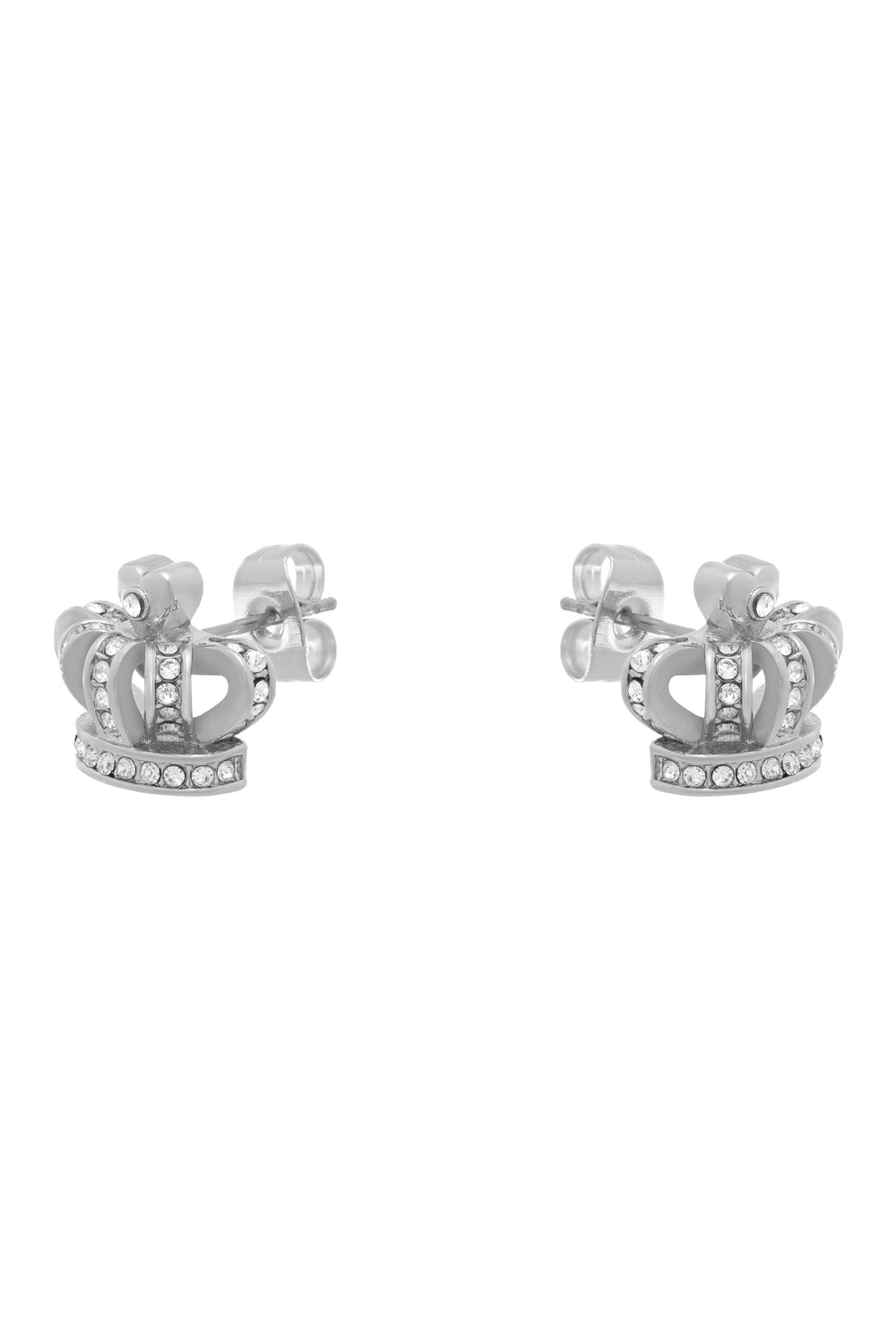 Displays the Silver Tone 'Juicy' branded icon crown stud earrings 
