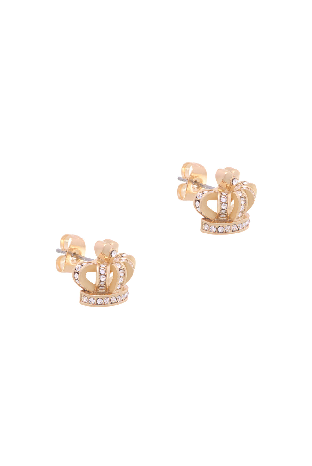 Displays the Gold Tone 'Juicy' branded crystal icon stud earrings 