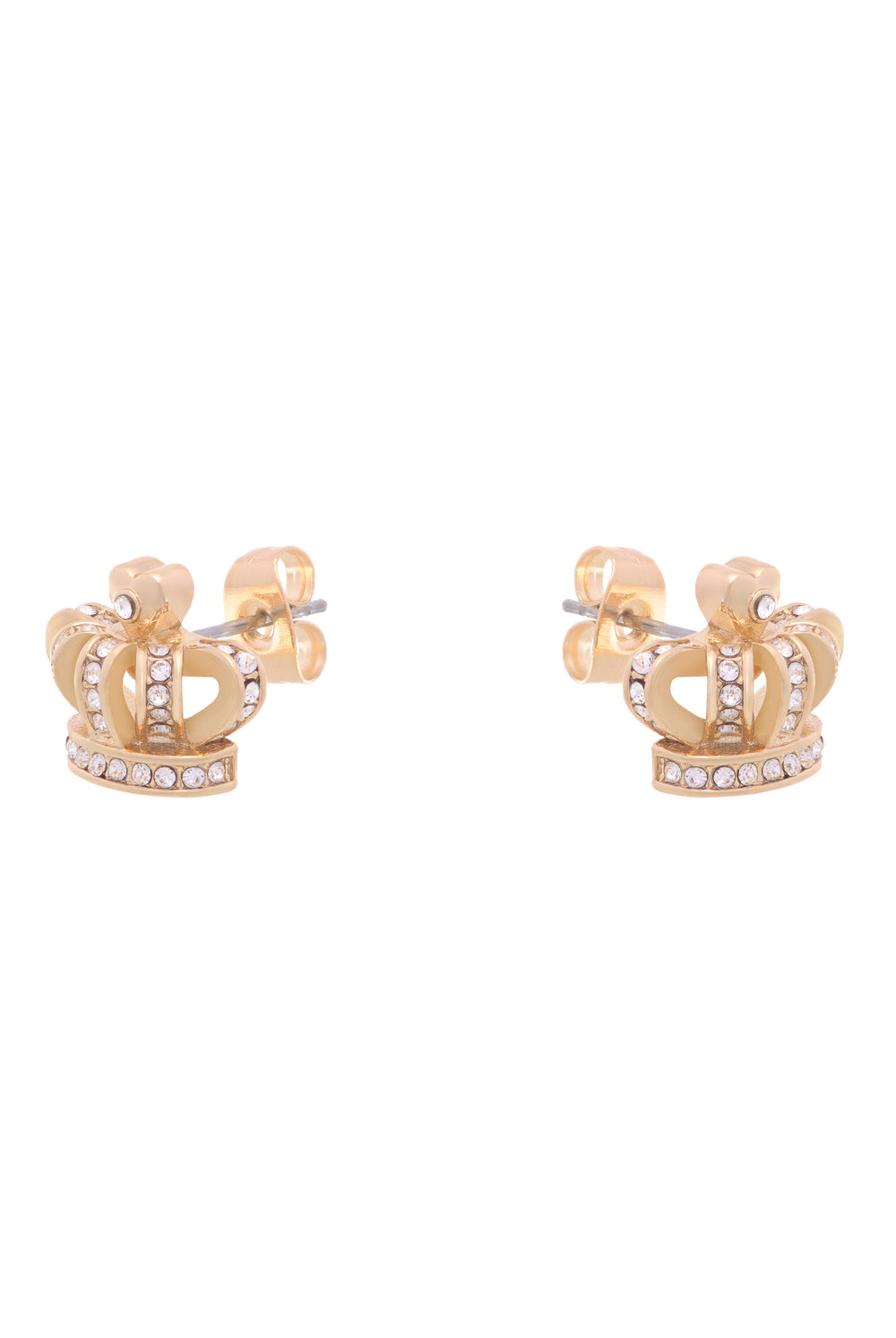 Displays the Gold Tone 'Juicy' branded crystal icon stud earrings 
