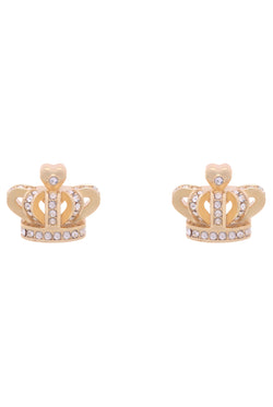 Displays the Gold Tone 'Juicy' branded crystal icon stud earrings 