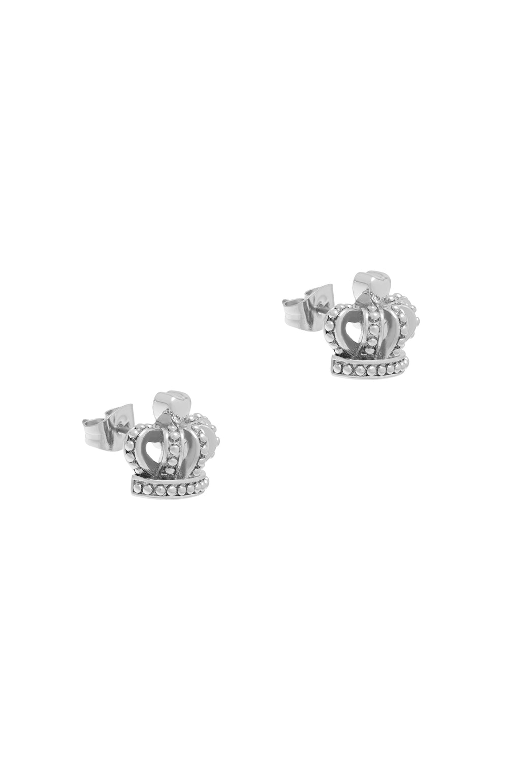 Displays the Silver Tone 'Juicy' branded icon crown stud earrings 