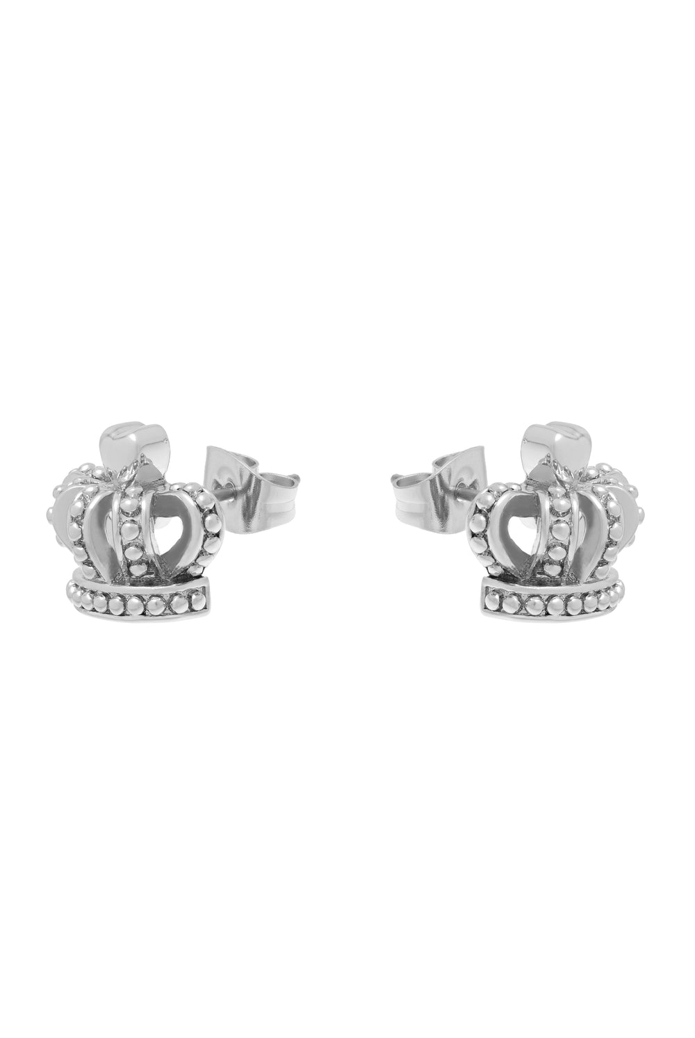 Displays the Silver Tone 'Juicy' branded icon crown stud earrings 