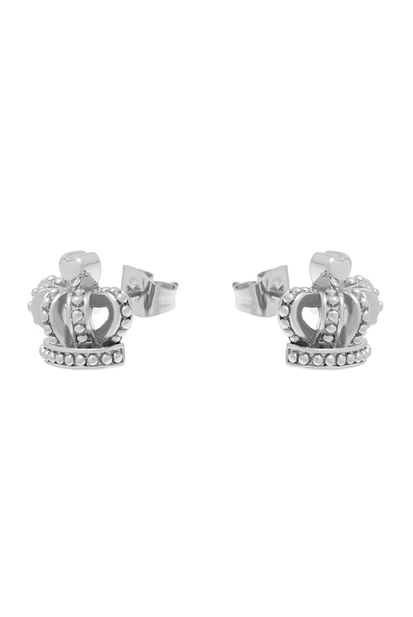 Displays the Silver Tone 'Juicy' branded icon crown stud earrings 