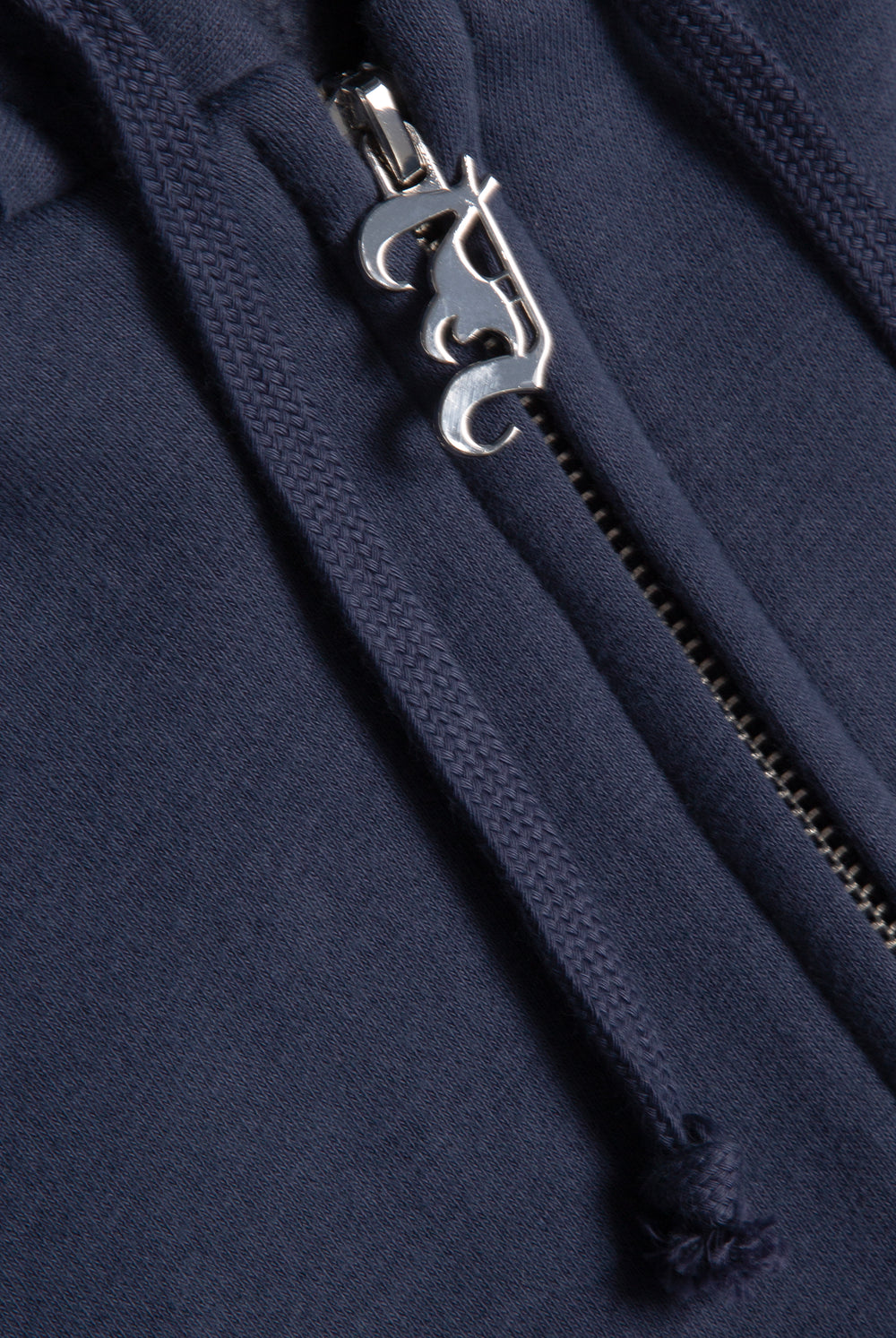 Displays the Mood indigo 'juicy' branded longline fleece zip through hoodie featuring the juicy zip