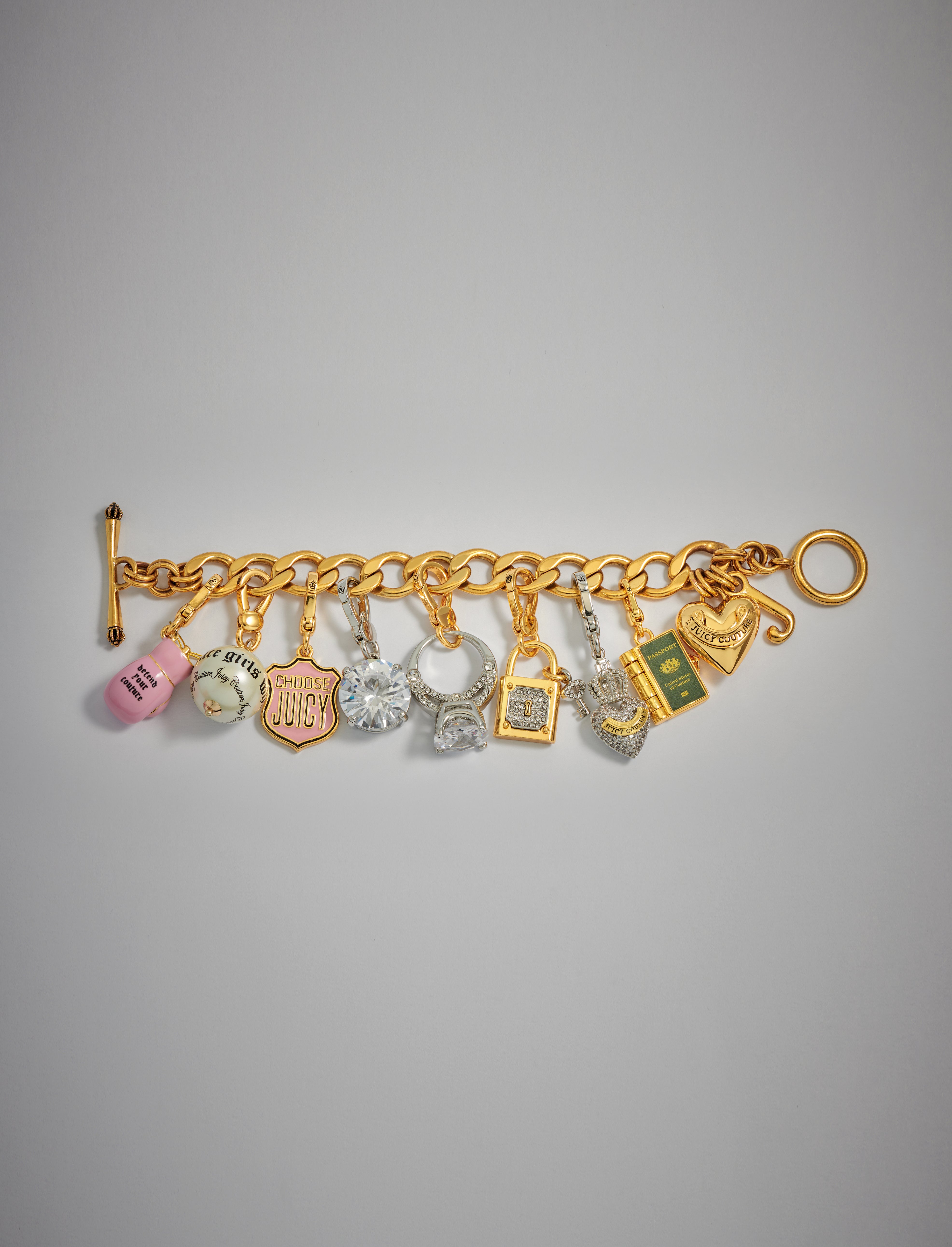 Gold Tone Crystal Crown & Heart Charm with Clasp for Charm