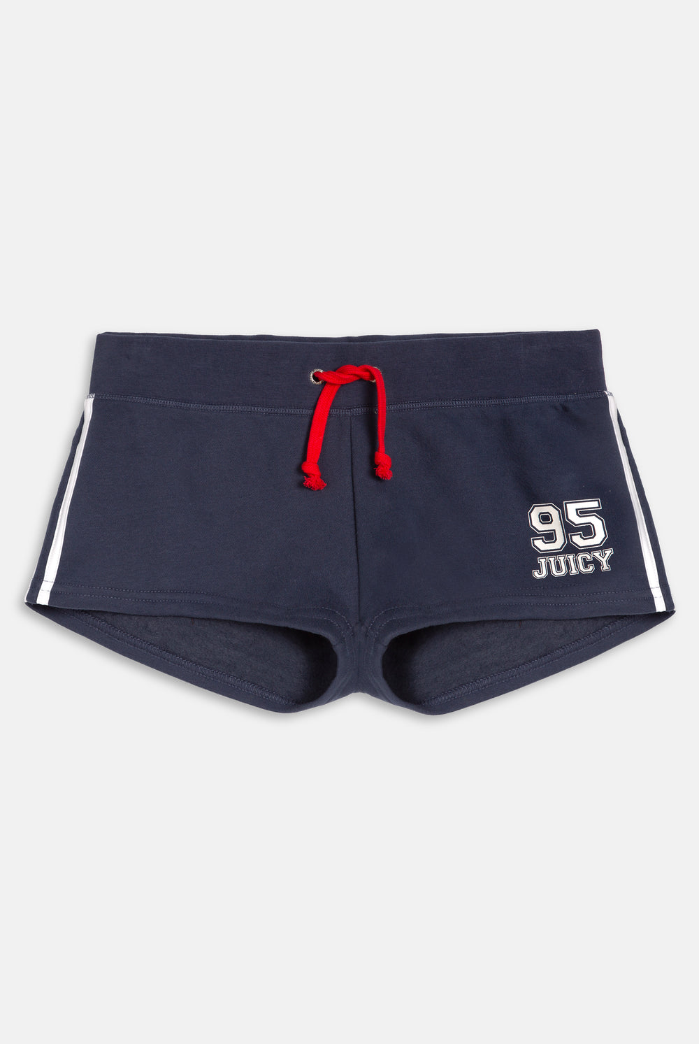 Displays the Mood Indigo 'Juicy' branded fleece booty shorts featuring 95 Juicy branding