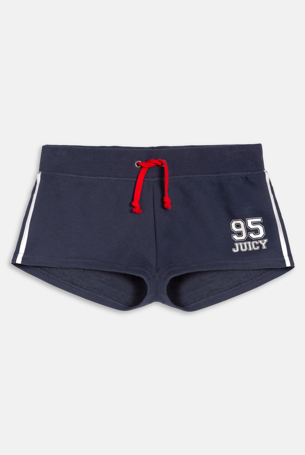 Displays the Mood Indigo 'Juicy' branded fleece booty shorts featuring 95 Juicy branding
