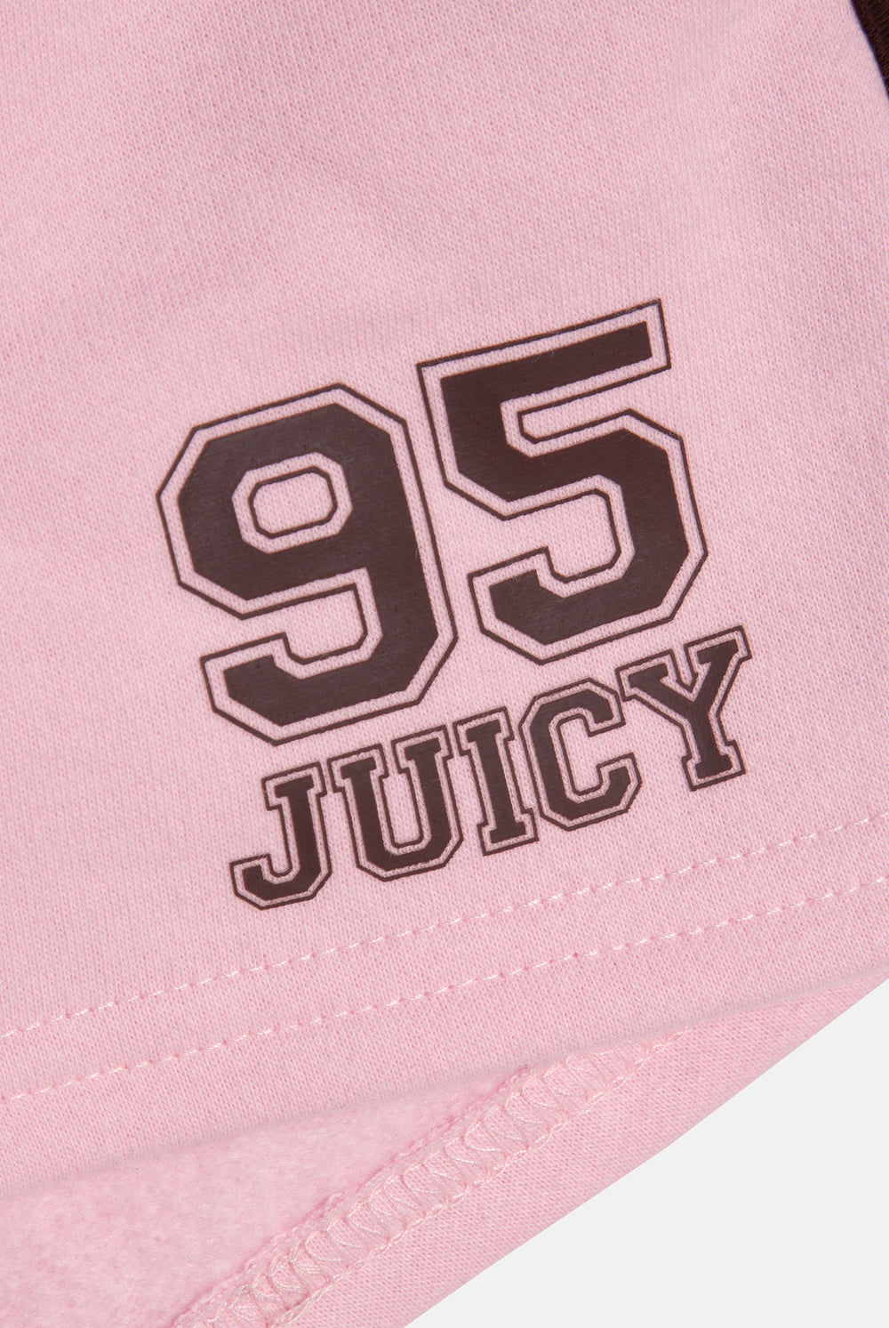 Displays the Cherry Blossom 'Juicy' branded fleece booty shorts featuring the 95 juicy logo
