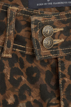 Displays the Animal 'Juicy' branded low rise flared jeans featuring the close up on the details 