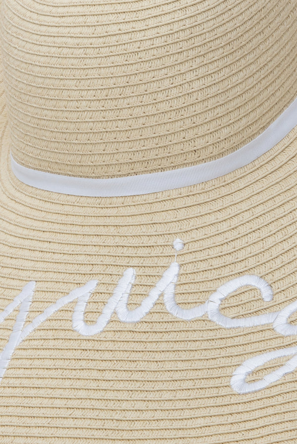 WHITE EMBROIDERED OVERSIZED STRAW HAT
